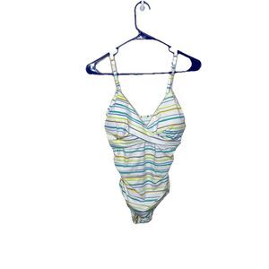 Emerald Bay One Piece Striped Green Yellow White Swimsuit Size 8 New NWT